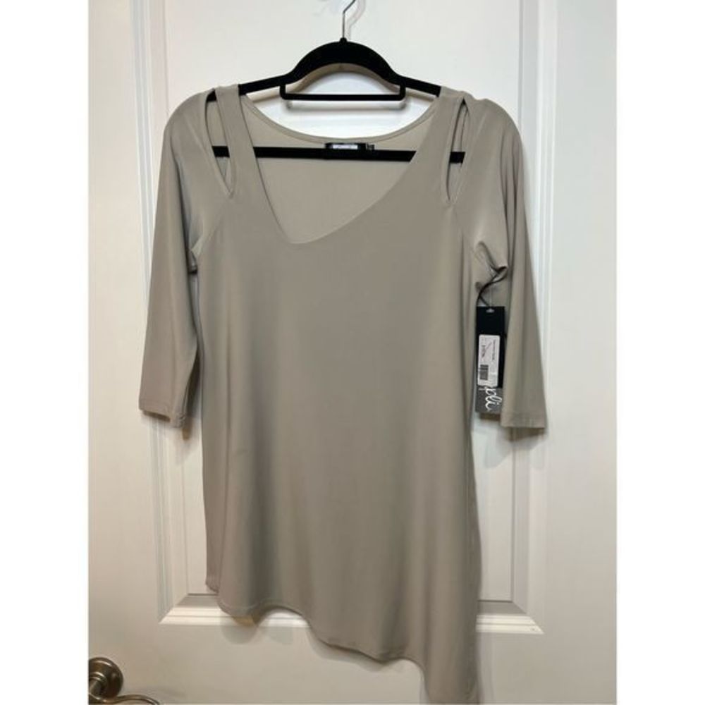 Sympli Women's Shoulder Cut Out Asymmetrical Neck & Hem Top Tan Size 6 /NWT